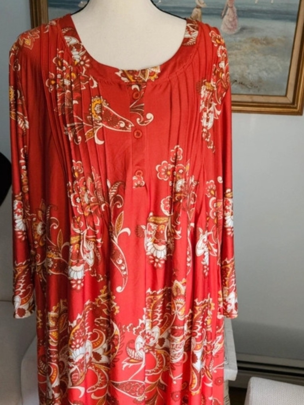 White Mark Red Paisley Long Sleeve Tunic Top. Holiday Top.